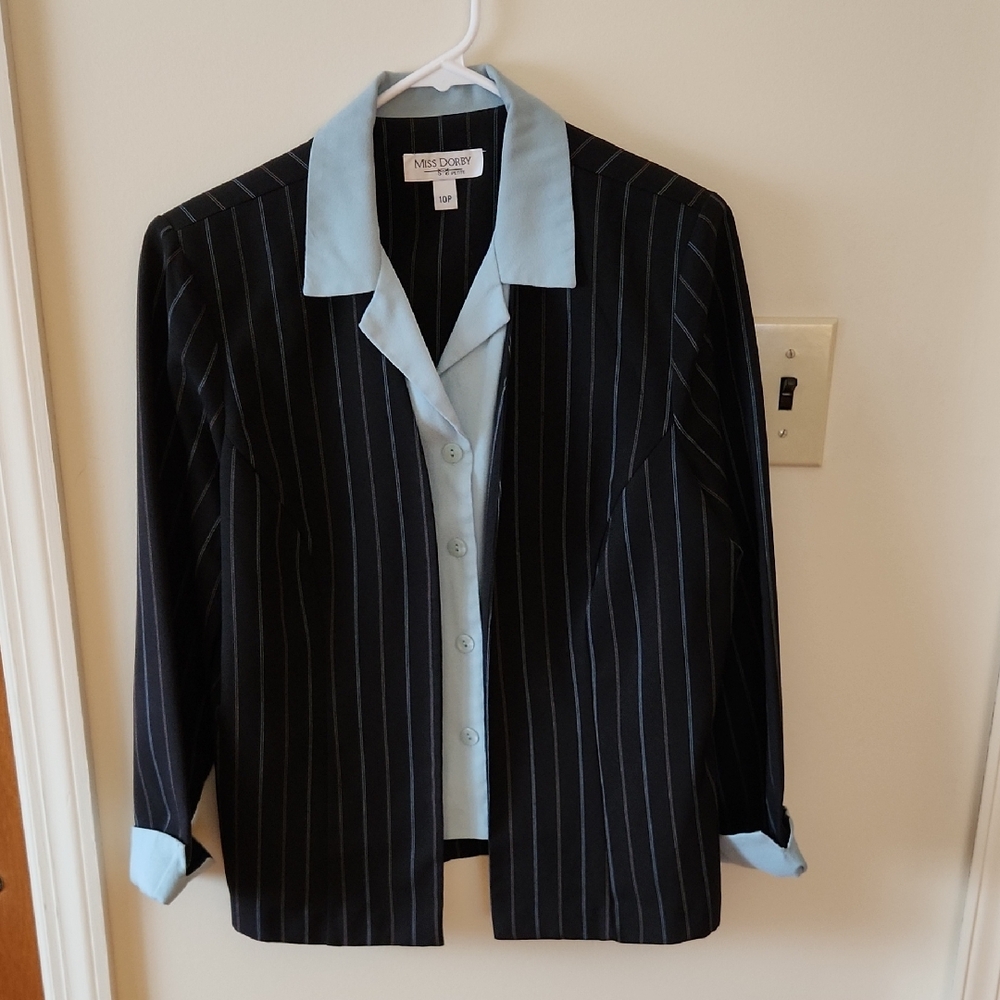 MISS DORBY Women's Black 2-Piece Pants Suit – Green & Beige Stripes, Size 10 P